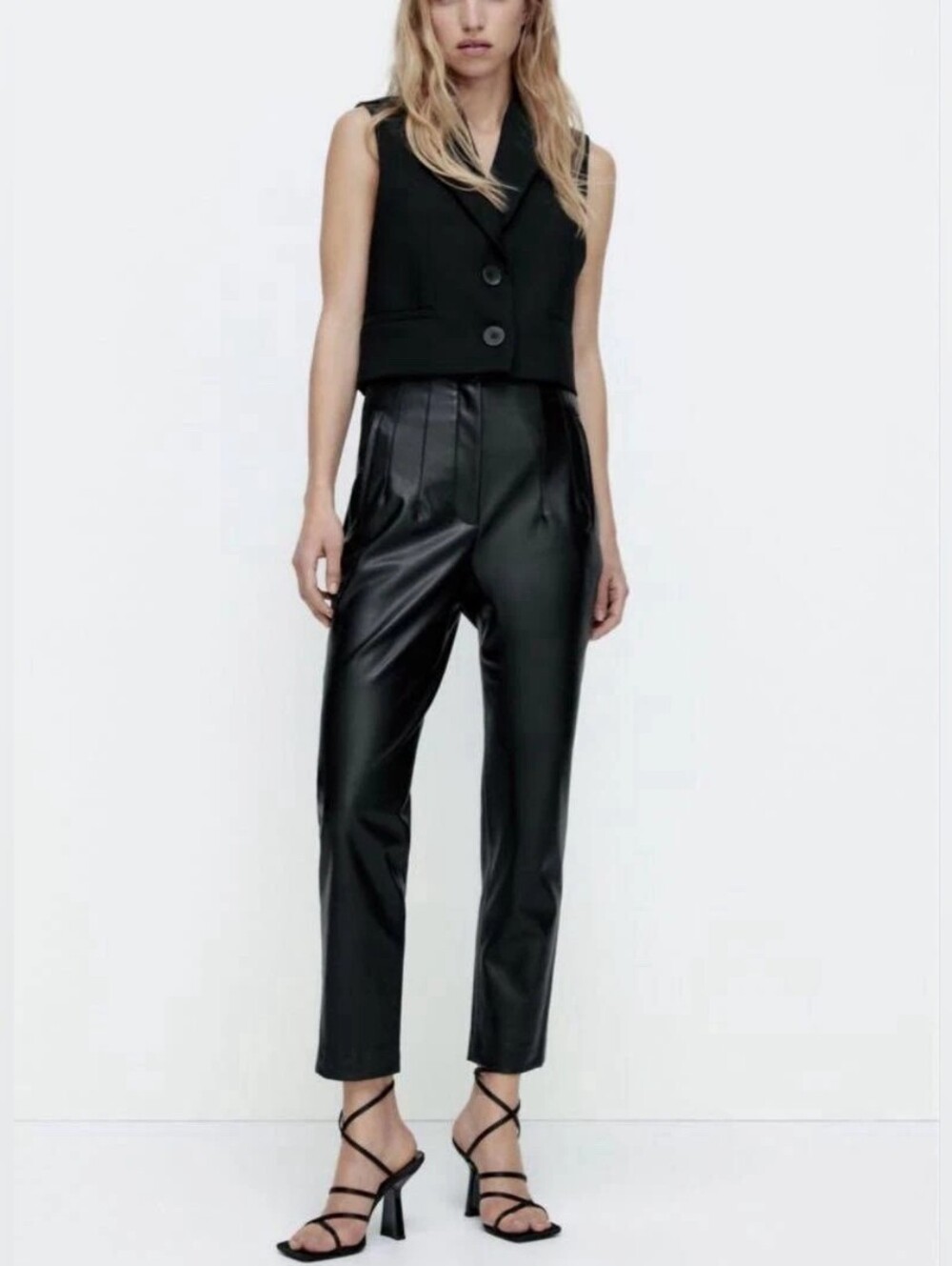 NWT Zara Black Faux Leather Tapered Pleated High Waisted Ankle Crop Pants